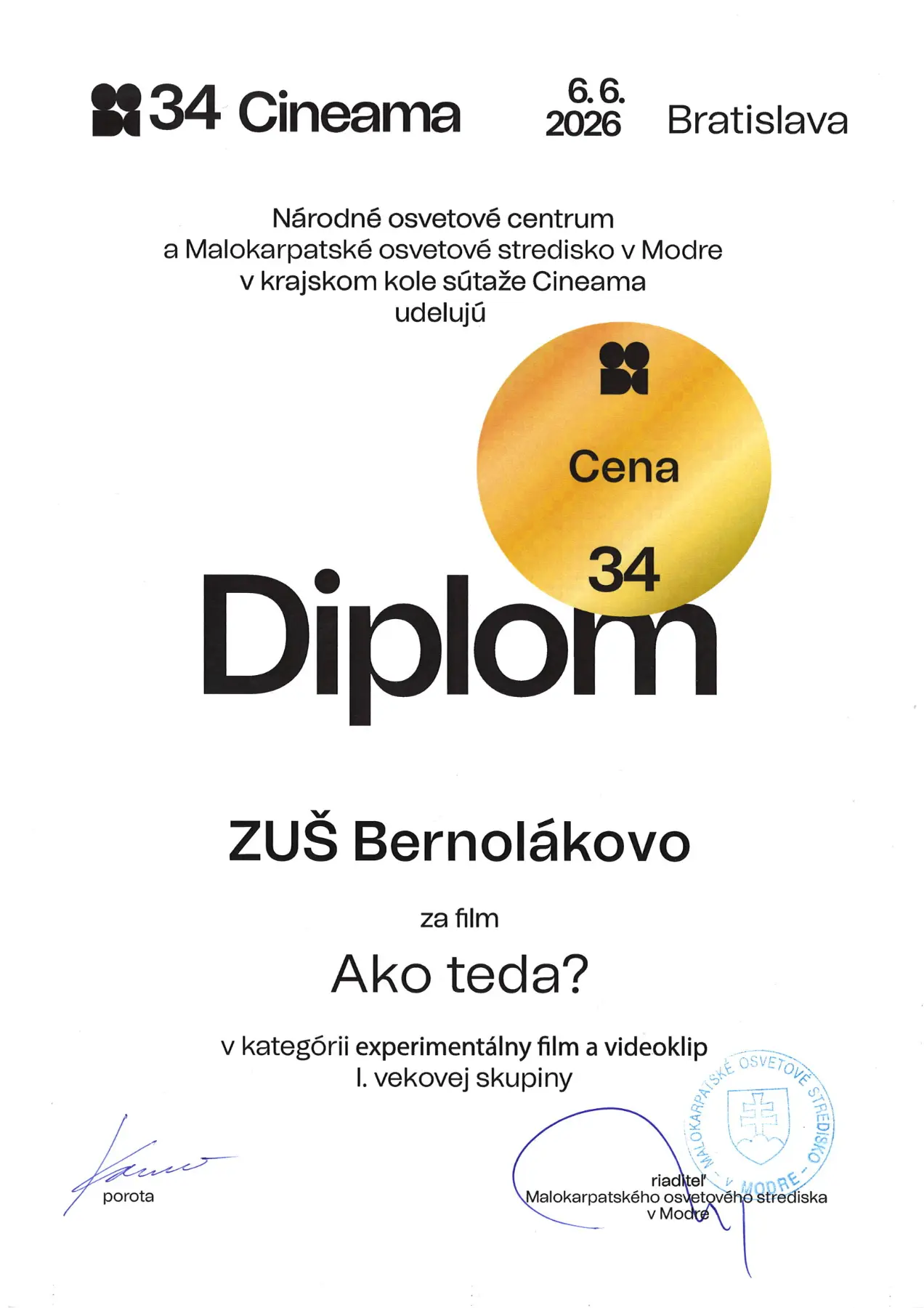 2026 06 AMT Ako teda Cena eperimentalny film a videoklip I vekovej skupiny